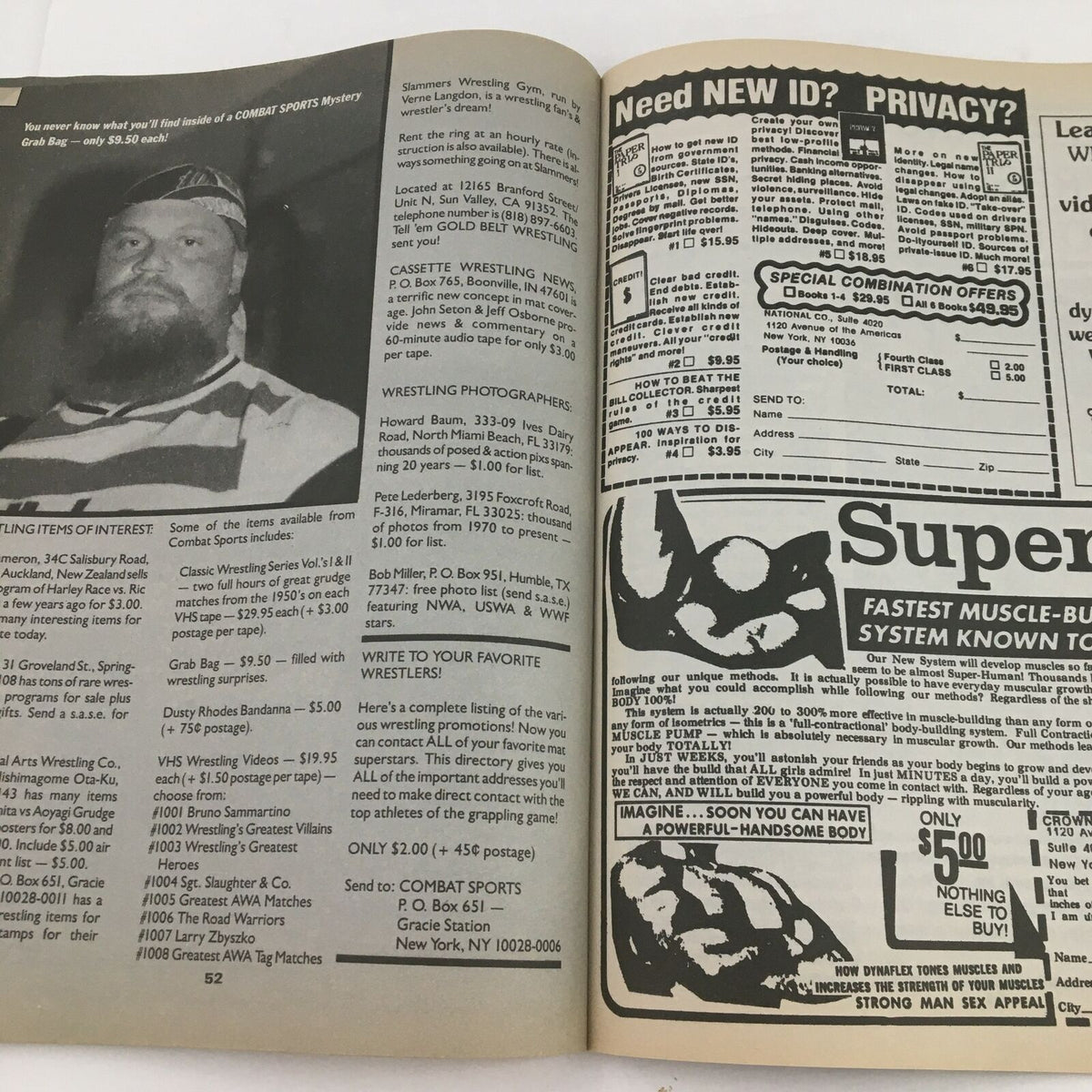 Advertisement page in Power Slam Wrestling Magazine November 1990, showcasing wrestling-related merchandise and services.