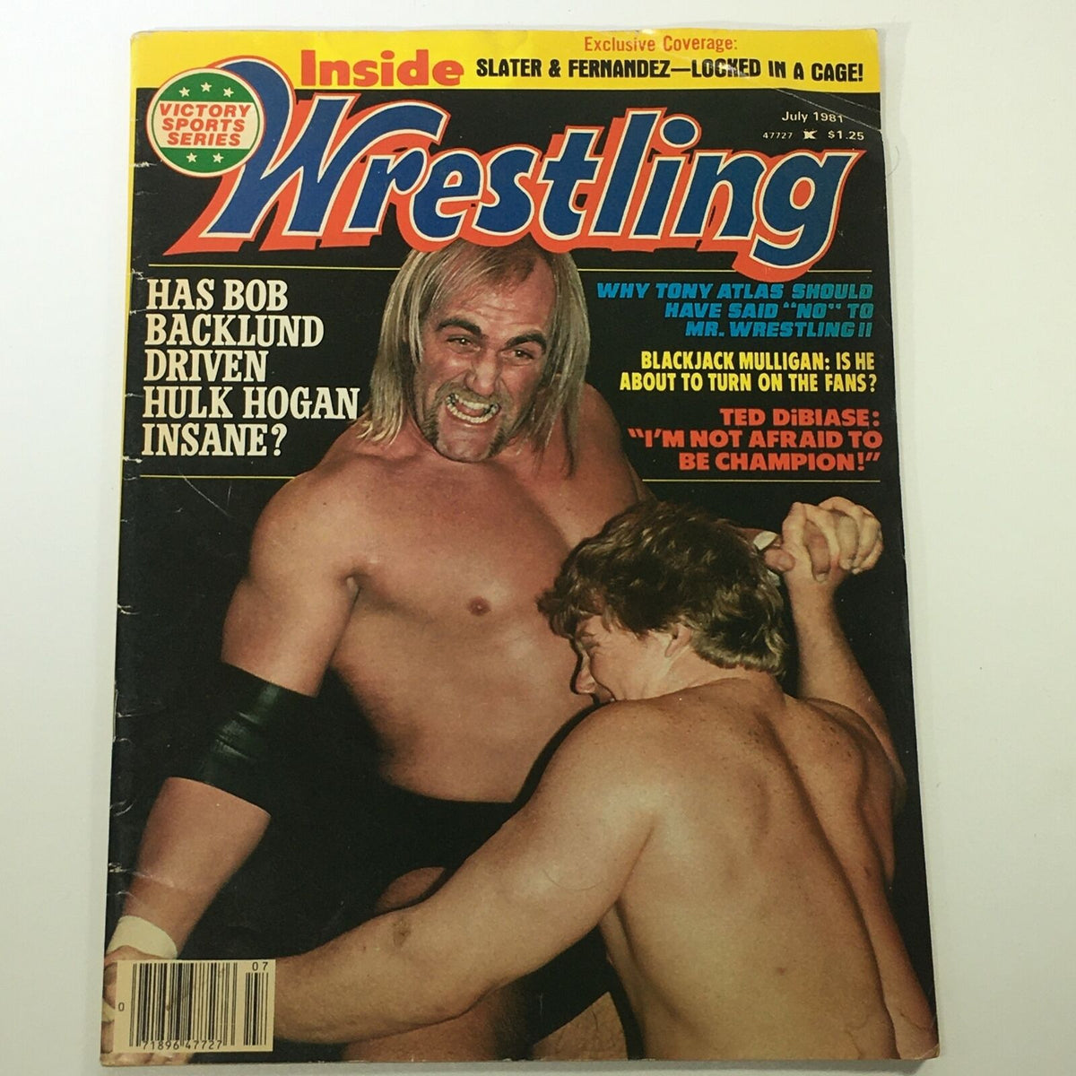 VTG Inside Wrestling Magazine July 1981 cover featuring wrestling legends Bob Backlund and Tony Atlas, highlighting the era's vibrant wrestling culture.