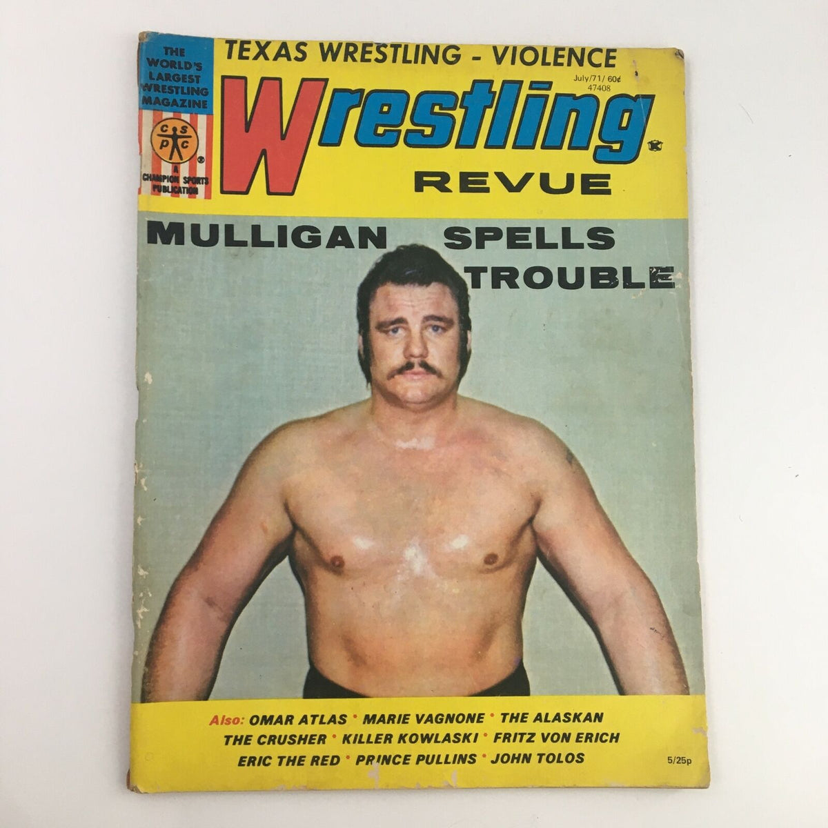 Wrestling Revue Magazine July 1971 featuring Blackjack Mulligan on the cover, showcasing his iconic wrestling physique.