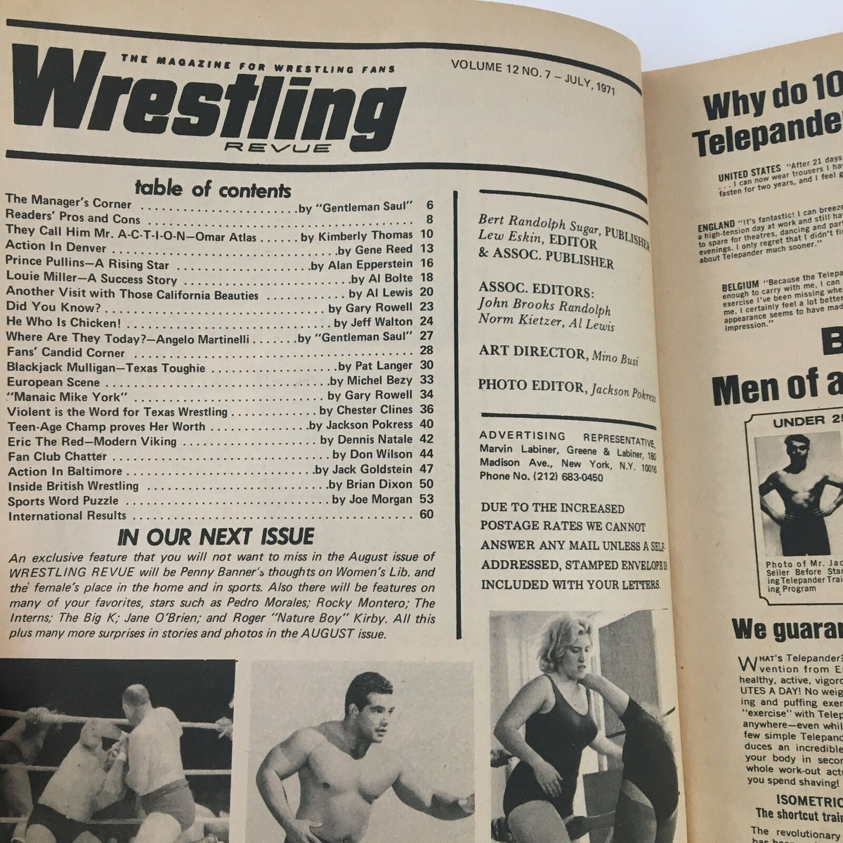 Wrestling Revue Magazine July 1971 table of contents featuring articles on Blackjack Mulligan and Omar Atlas, with vintage wrestling visuals.