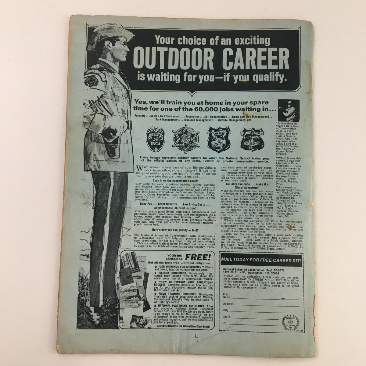 Wrestling Revue Magazine July 1971 featuring Blackjack Mulligan and Omar Atlas on the cover, showcasing vintage wrestling history with advertisements on the back cover for outdoor careers, indicative of the era's job training promotions.