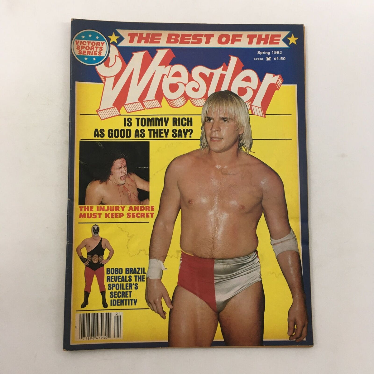 Cover of The Best of the Wrestler Magazine from Spring 1982 featuring Andre the Giant and Tommy Rich, showcasing their iconic wrestling personalities with vibrant colors and headlines about wrestling secrets.