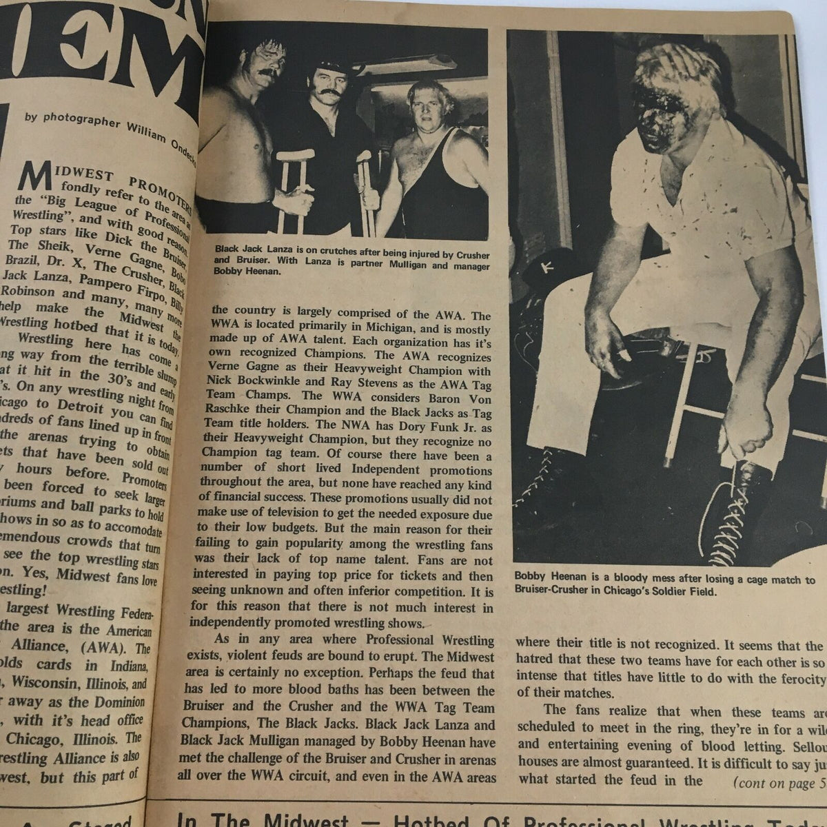 A striking page from 'The Big Book of Wrestling' May 1973, illustrating important figures in wrestling history with a focus on Black Jack Lanza and other wrestlers post-match, emphasizing the dramatic narratives of the era.