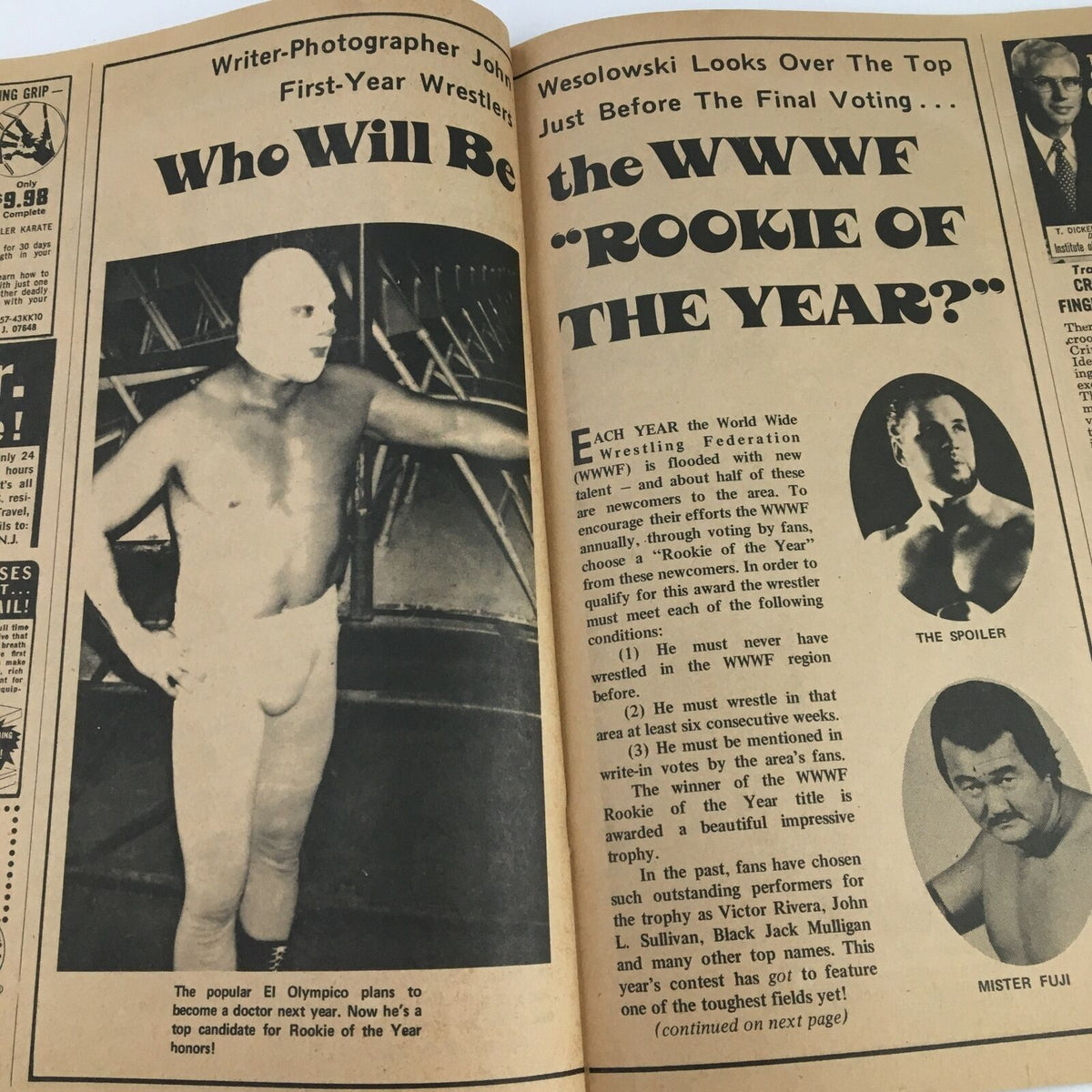 An engaging two-page spread from 'The Big Book of Wrestling' May 1973 discussing the Rookie of the Year candidates in wrestling, featuring various wrestlers and their profiles, showcasing the competitive spirit of professional wrestling.