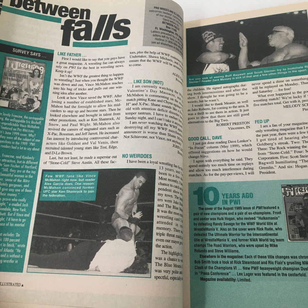 Inside page of Pro Wrestling Illustrated August 1999 discussing notable wrestling careers and interviews, with references to fathers and sons in wrestling.