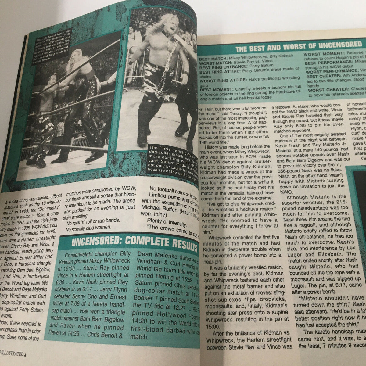 Inside page of Pro Wrestling Illustrated August 1999 featuring a discussion on the best and worst moments in wrestling history, including match results and athlete performances.