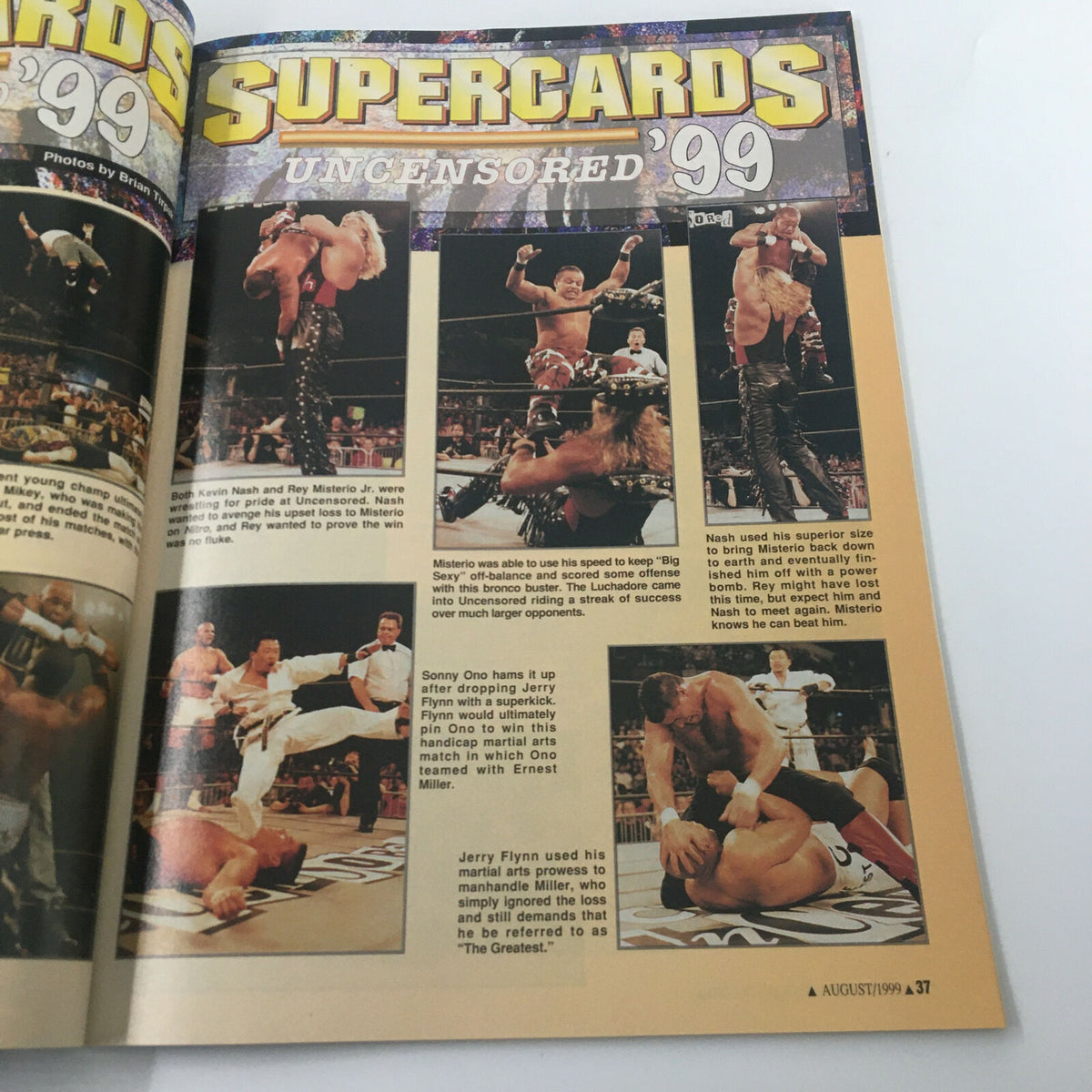 Pro Wrestling Illustrated August 1999 magazine page featuring wrestling highlights from Uncensored '99, showcasing iconic moments and wrestlers like Nash and others.
