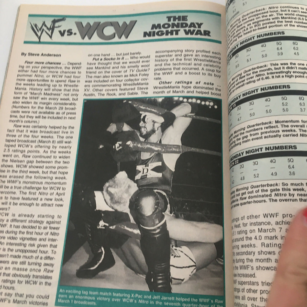 Pro Wrestling Illustrated August 1999 magazine page featuring an article on the Monday Night War between WWF and WCW, with images of wrestlers in action.