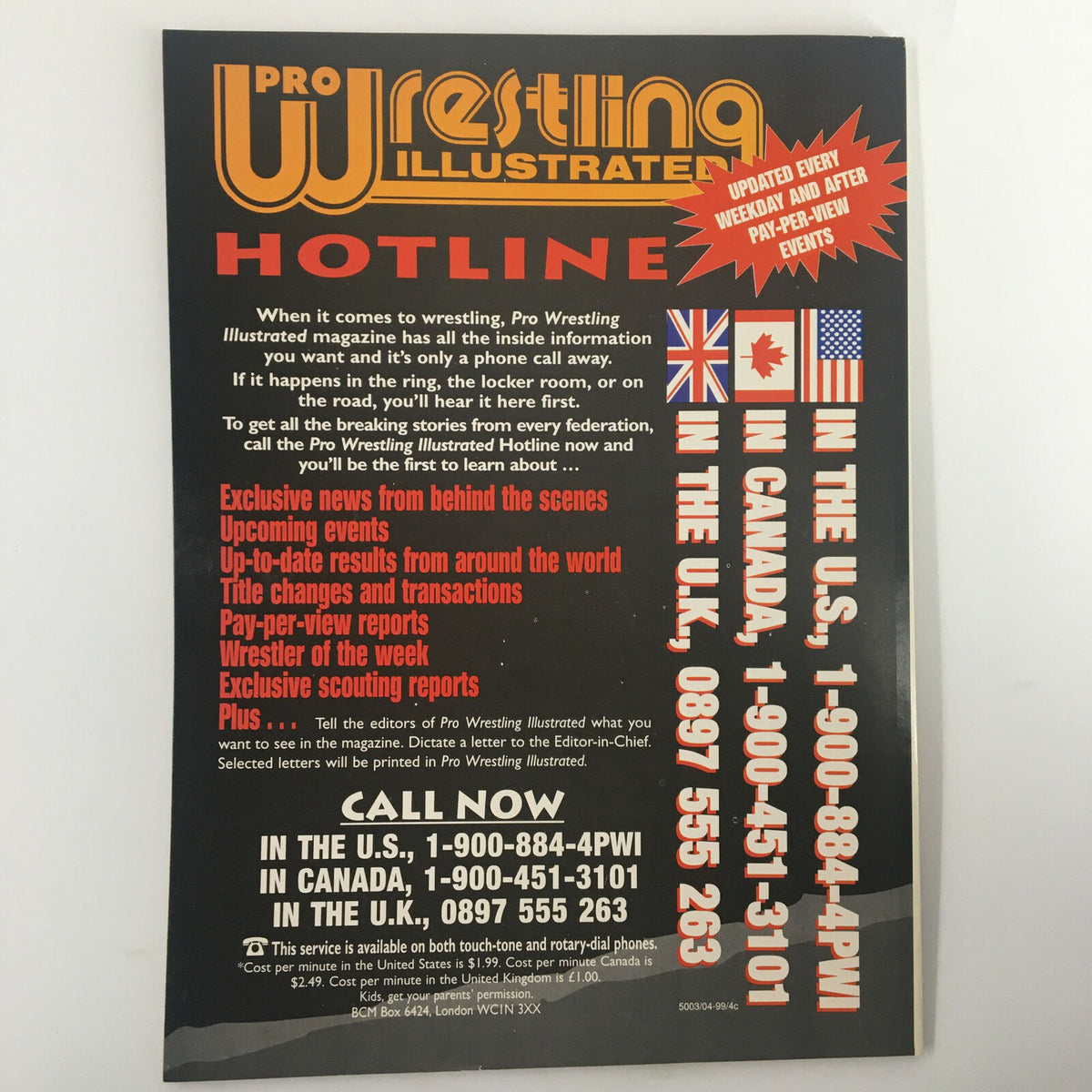 Pro Wrestling Illustrated August 1999 magazine page advertising the Pro Wrestling Illustrated Hotline with exclusive insights and events related to wrestling.