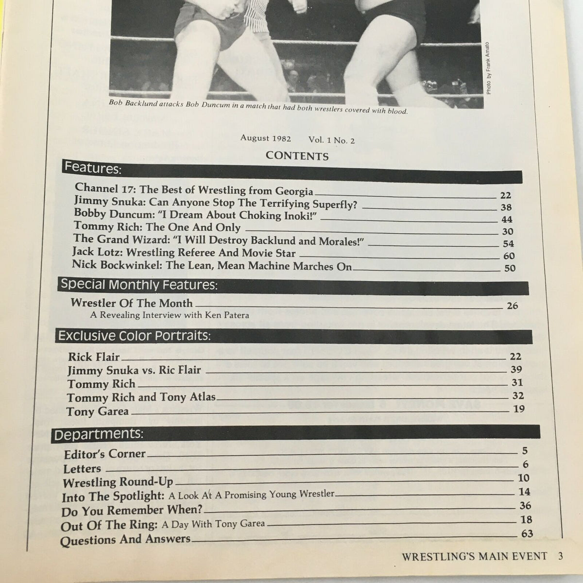 Interior page of Wrestling's Main Event Magazine, October 1982, showing the table of contents with featured articles on wrestlers including Jimmy Snuka and Tommy Rich.