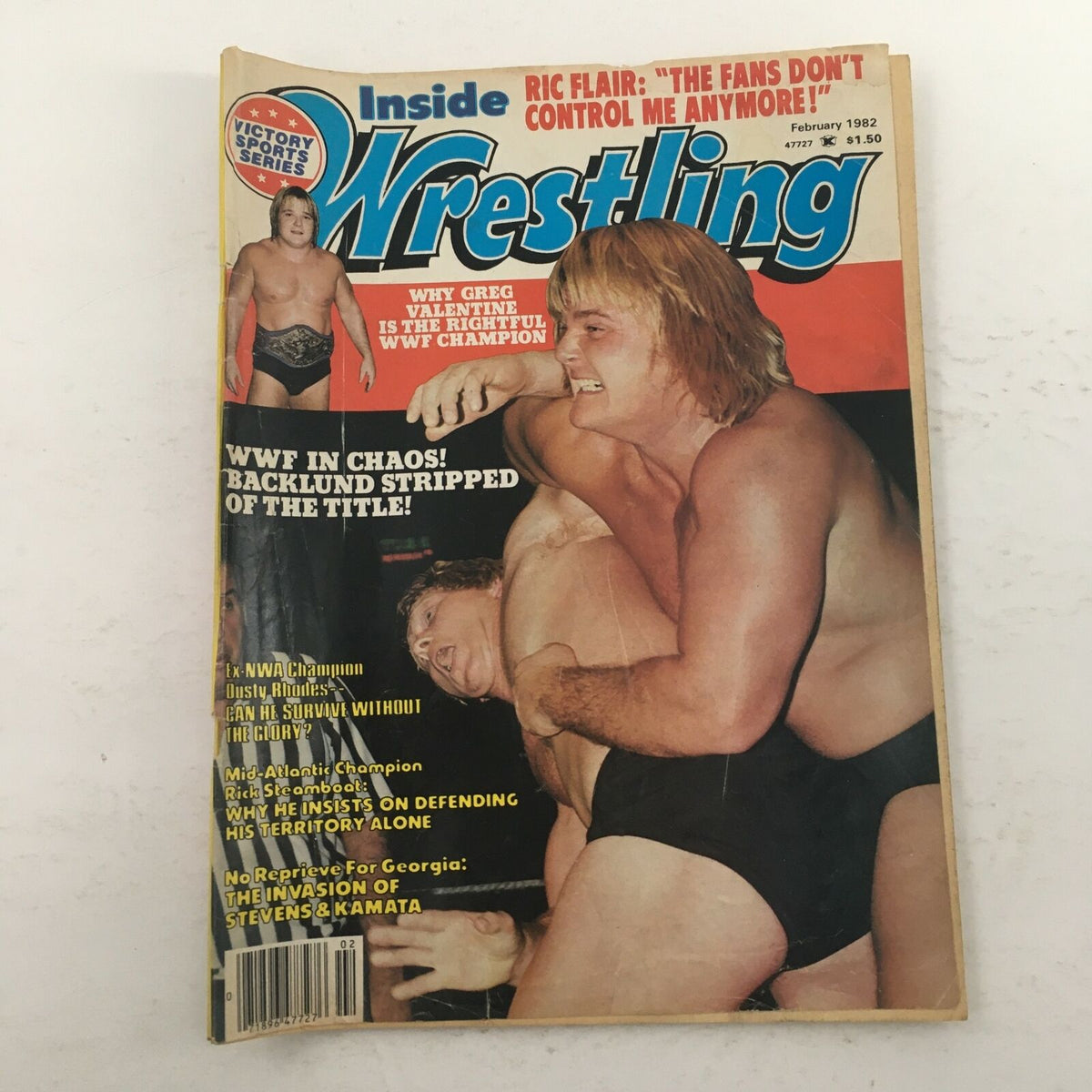 Cover of Inside Wrestling Magazine February 1982 featuring Greg Valentine and Dusty Rhodes with headlines about wrestling chaos and championship controversies.