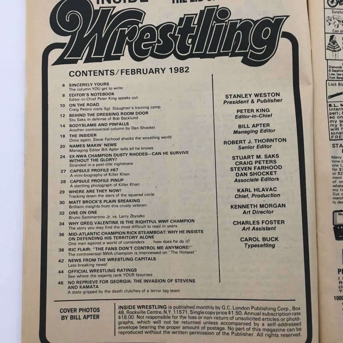 Inside Wrestling Magazine February 1982 contents page featuring article topics and contributors, highlighting iconic wrestlers such as Greg Valentine and Dusty Rhodes.