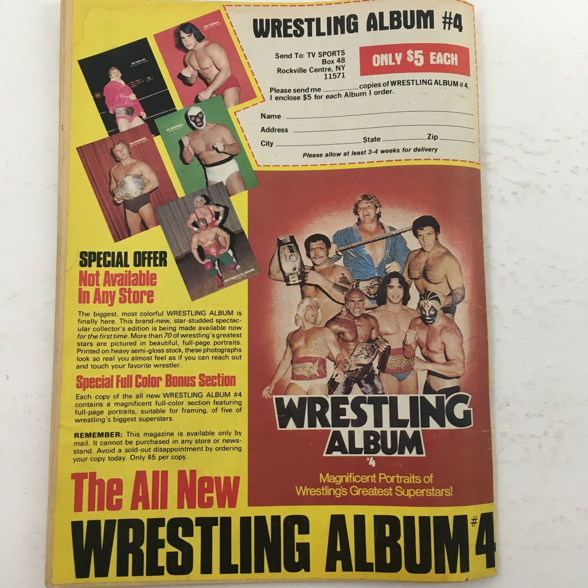 Promotional cover of Wrestling Album #4, showcasing portraits of legendary wrestlers with a special offer note, reflecting the wrestling culture in February 1982.