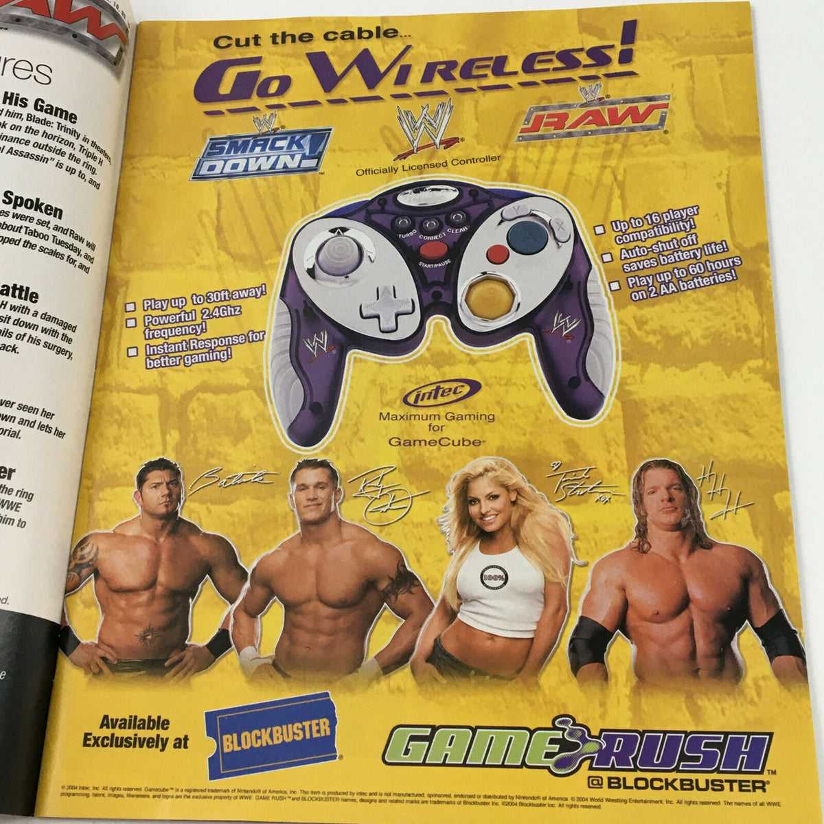 Advertisement in WWE Raw Magazine Holiday 2004 for 'Go Wireless!' GameCube controller, featuring images of WWE stars and promoting gaming features.