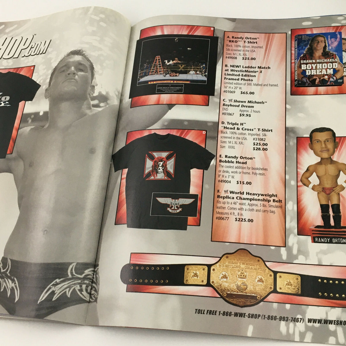 WWE Raw Magazine Holiday 2004 advertisement page featuring Randy Orton, showcasing merchandise offerings like t-shirts and replica championship belts for fans and collectors.