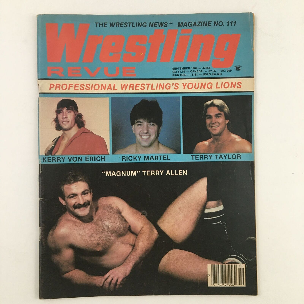 Wrestling Revue Magazine September 1984 cover featuring Kerry Von Erich, Ricky Martel, and Magnum T.A. showcasing professional wrestling legends and highlighting the vibrant wrestling culture of the mid-1980s.