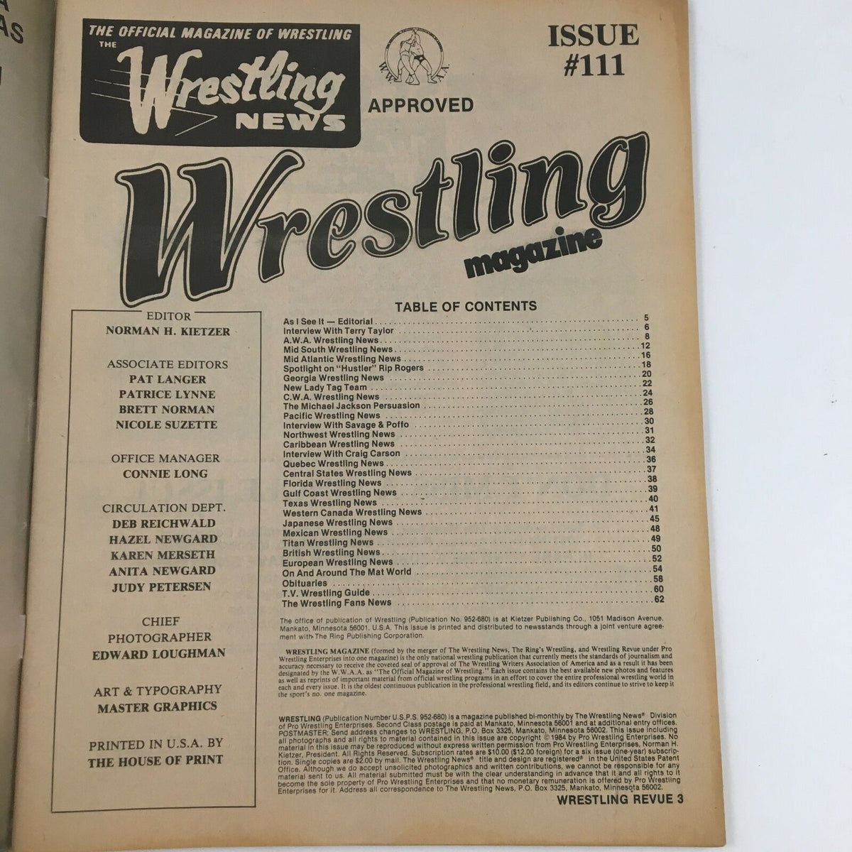 Wrestling Revue Magazine September 1984, issue featuring the table of contents from Wrestling News magazine, highlighting various wrestling topics and editorial staff.