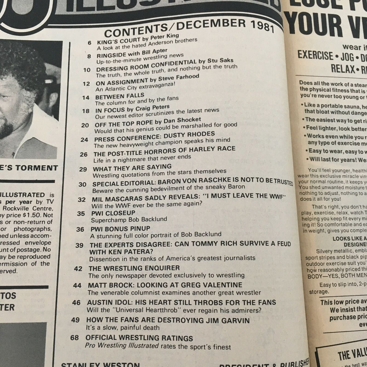 Contents page of Pro Wrestling Illustrated Magazine December 1981, detailing articles including the feud between Tommy Rich and Ken Pantera, along with other wrestling news and features.