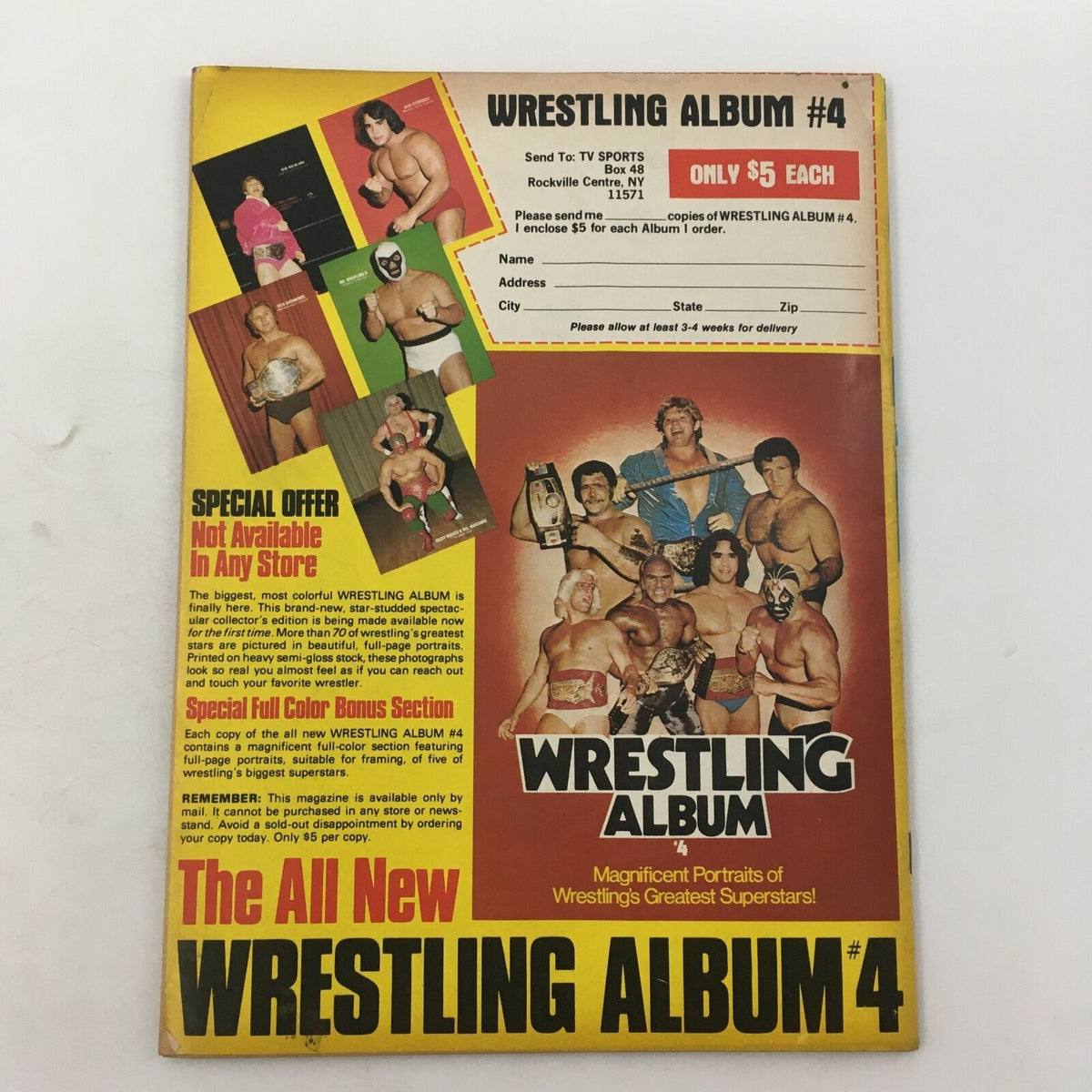 Back cover of Pro Wrestling Illustrated Magazine December 1981 featuring a special offer for Wrestling Album #4 and promotional images of popular wrestlers.