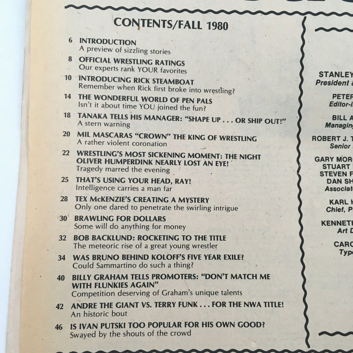 Table of contents from 'The Best of the Wrestler Magazine Fall 1980', highlighting articles and features on wrestling stars and events from that era.
