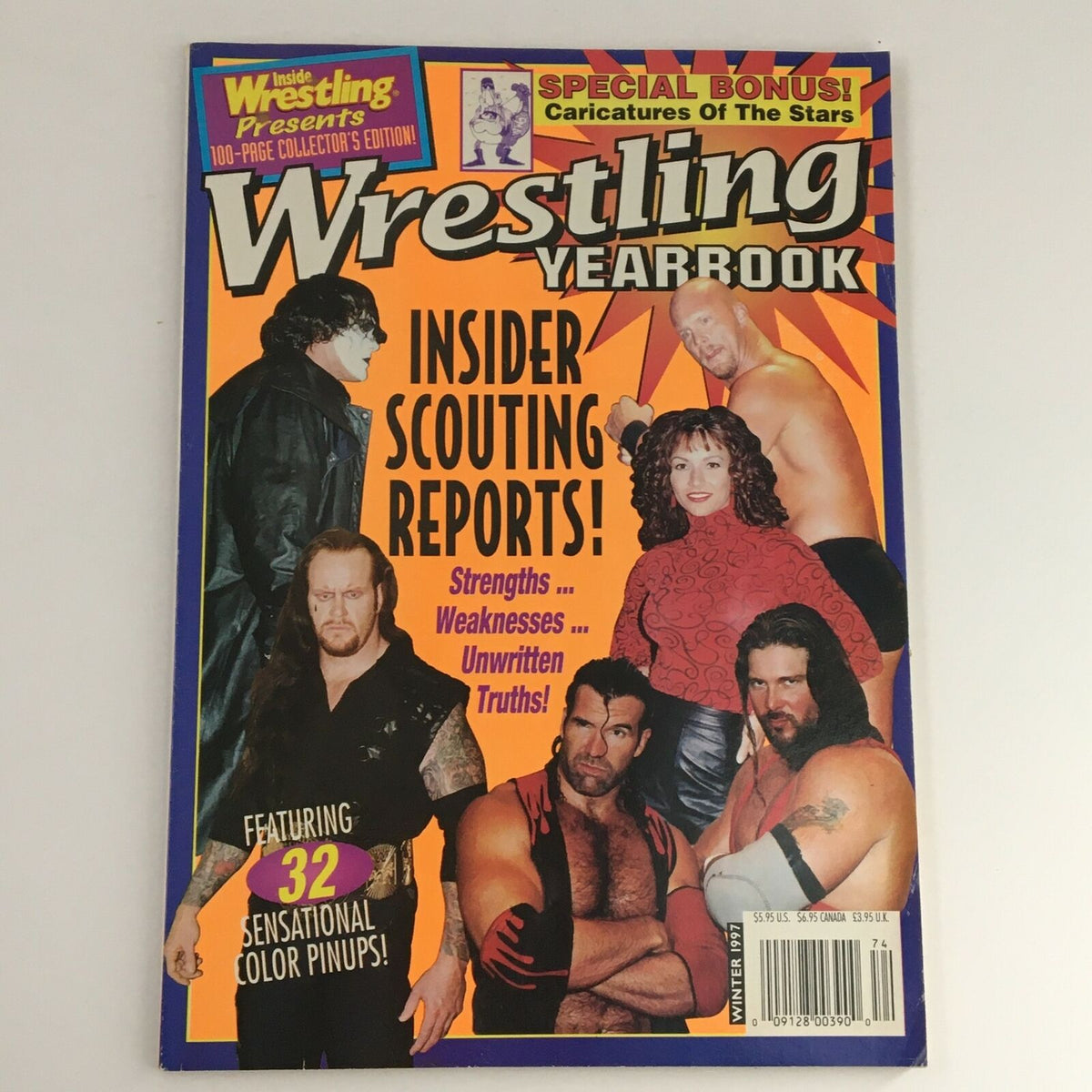 Wrestling Yearbook Winter 1997 featuring iconic wrestlers including The Undertaker, Sting, and Kimberly on the cover. The magazine highlights insider scouting reports, showcasing strengths and weaknesses of wrestlers, along with 32 sensational color pinups. This collectible magazine is perfect for wrestling enthusiasts.