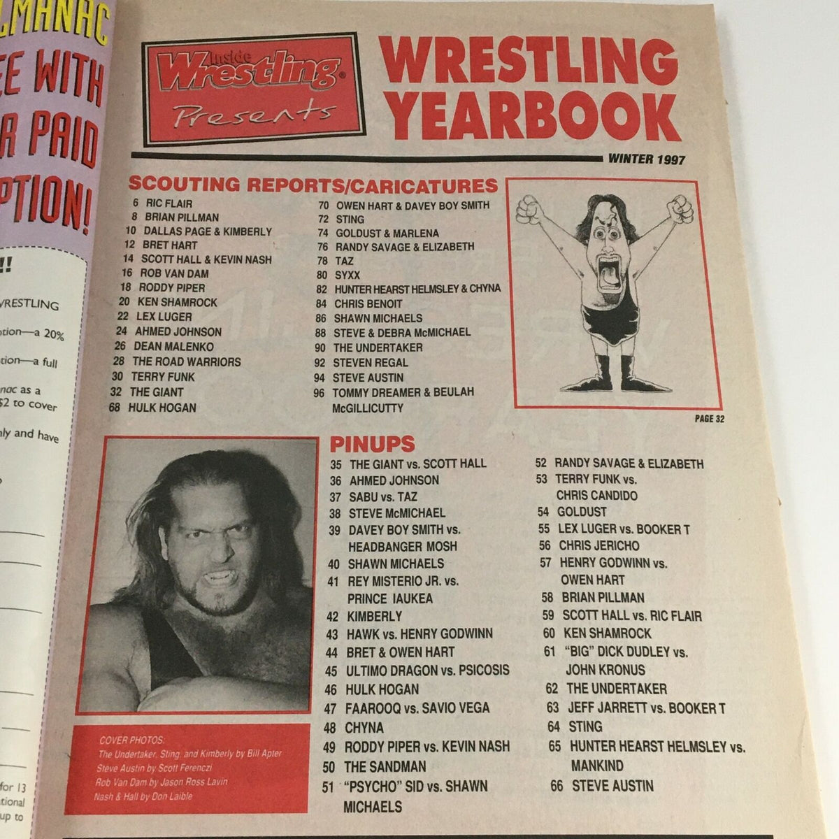 Cover page of Wrestling Yearbook Winter 1997 featuring iconic wrestlers like Sting and The Undertaker. This edition showcases a collection of wrestling highlights and caricatures.