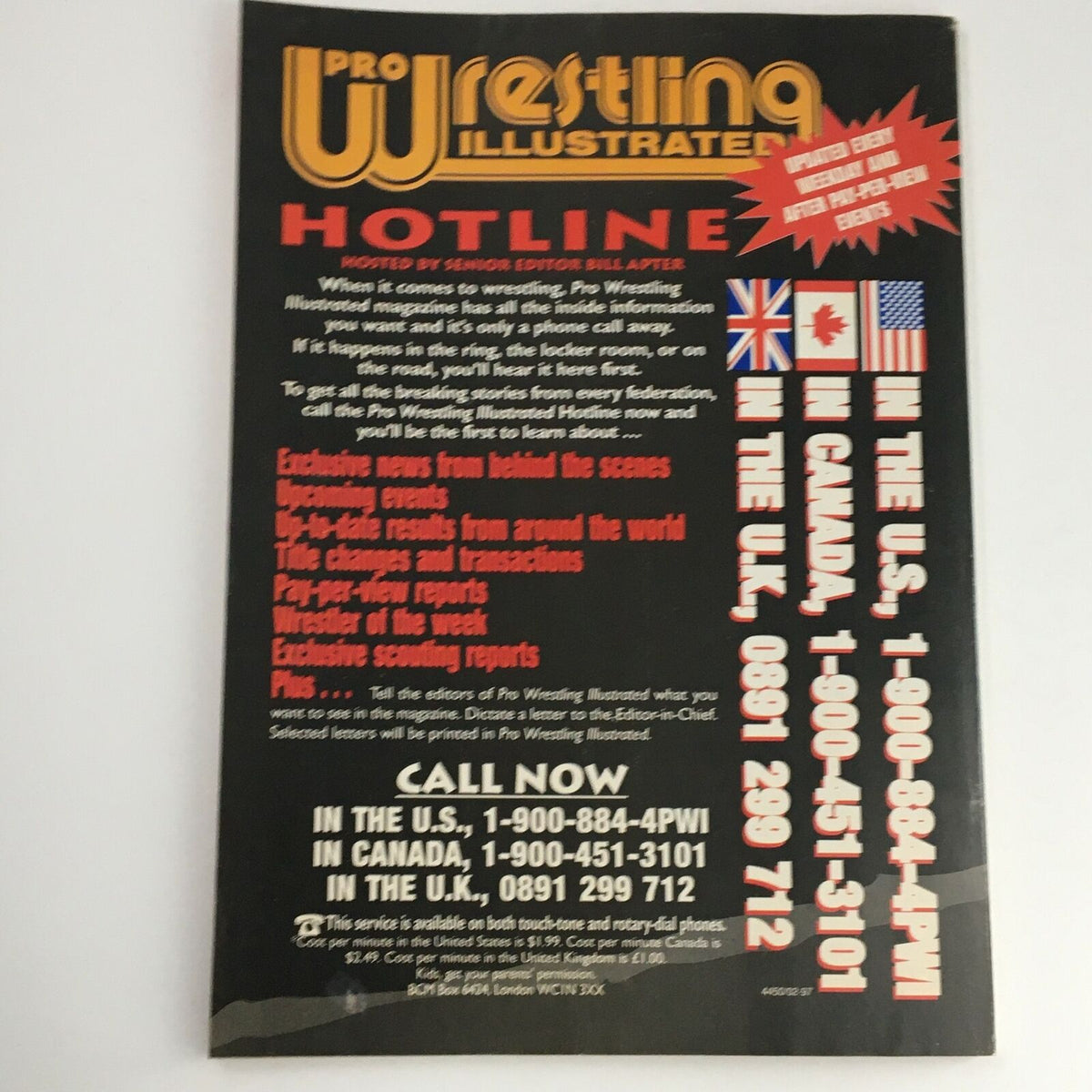 Back cover of Pro Wrestling Illustrated magazine featuring hotline details for wrestling news and updates, part of Wrestling Yearbook Winter 1997.