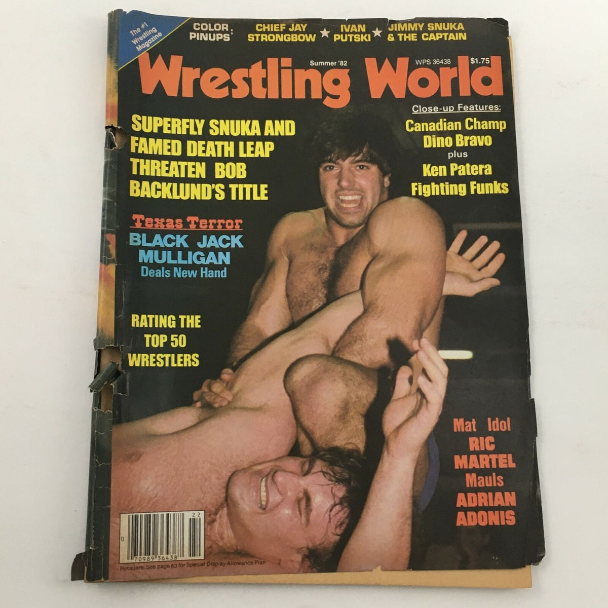 Cover of Wrestling World Magazine Summer 1982 featuring Mat Idol Ric Martel mauling Adrian Adonis, along with headlines about other wrestling personalities like Jimmy Snuka and Black Jack Mulligan.