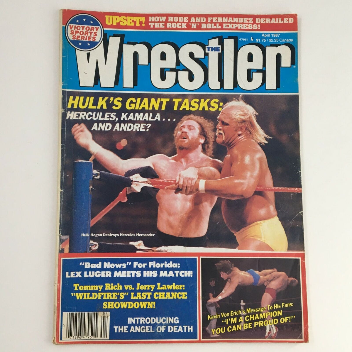 Cover of The Wrestler Magazine April 1987 featuring Hulk Hogan in action against Hercules Hernandez, showcasing a pivotal moment in wrestling history with attention-grabbing headlines and visuals.