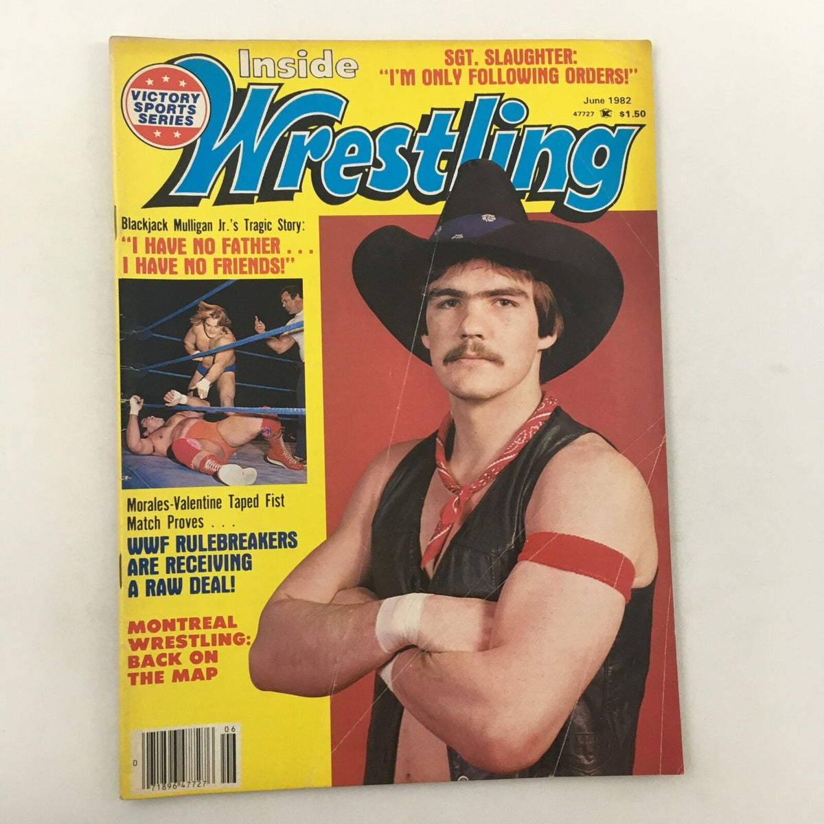 Inside Wrestling Magazine June 1982 cover featuring a wrestling related illustration and a prominent image of a mustached man in cowboy attire.