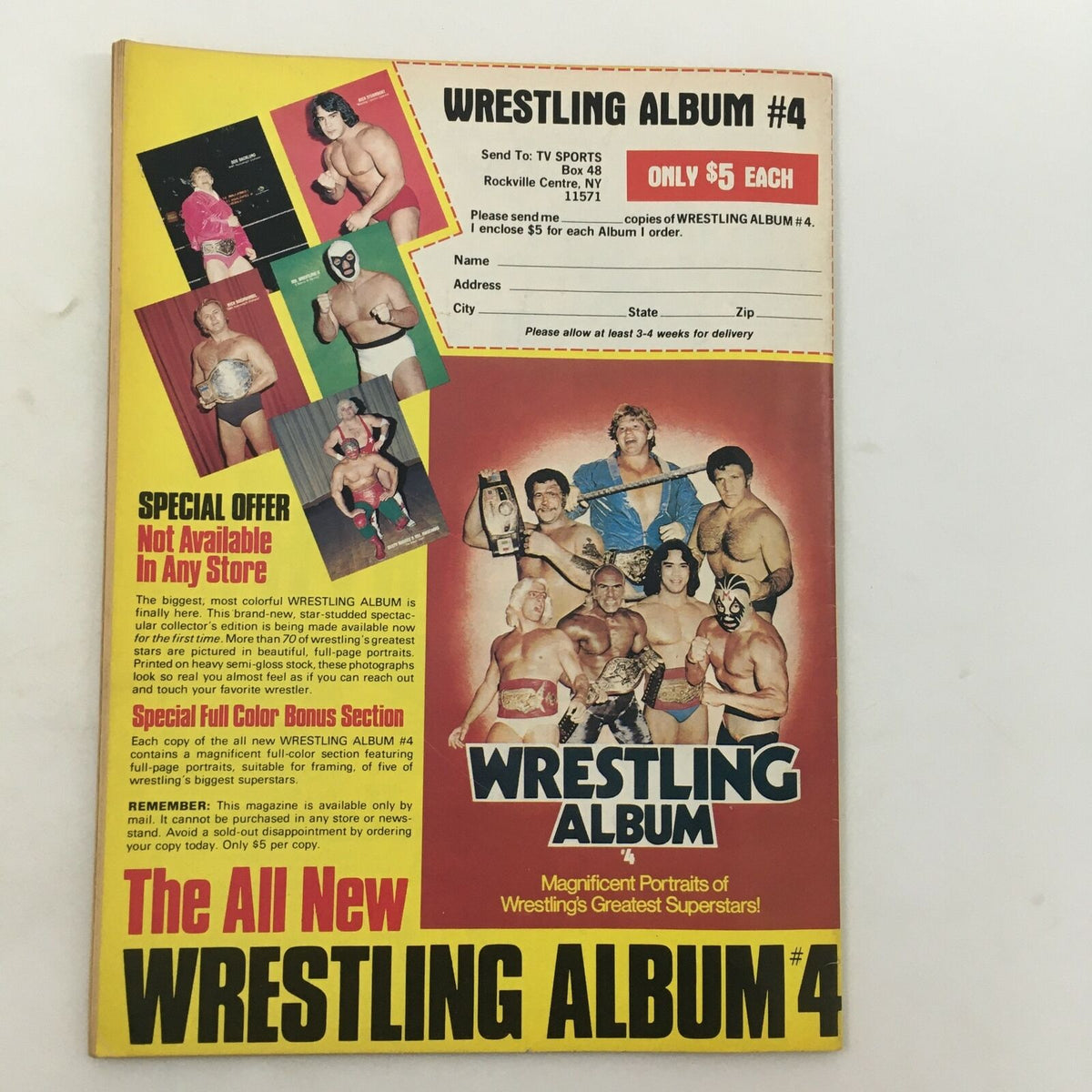 Inside Wrestling Magazine June 1982 advertisement for Wrestling Album #4 showcasing multiple famous wrestlers with promotional details.