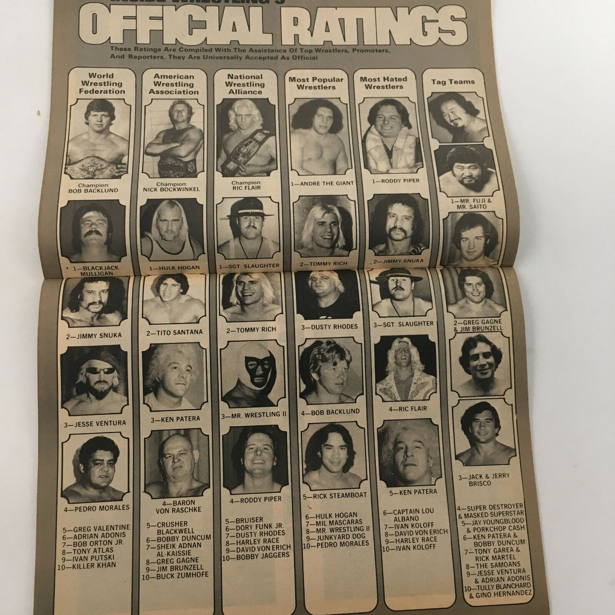 Official wrestling ratings page from Inside Wrestling Magazine June 1982, featuring top wrestlers and tag teams, including Andre the Giant and Harley Race.