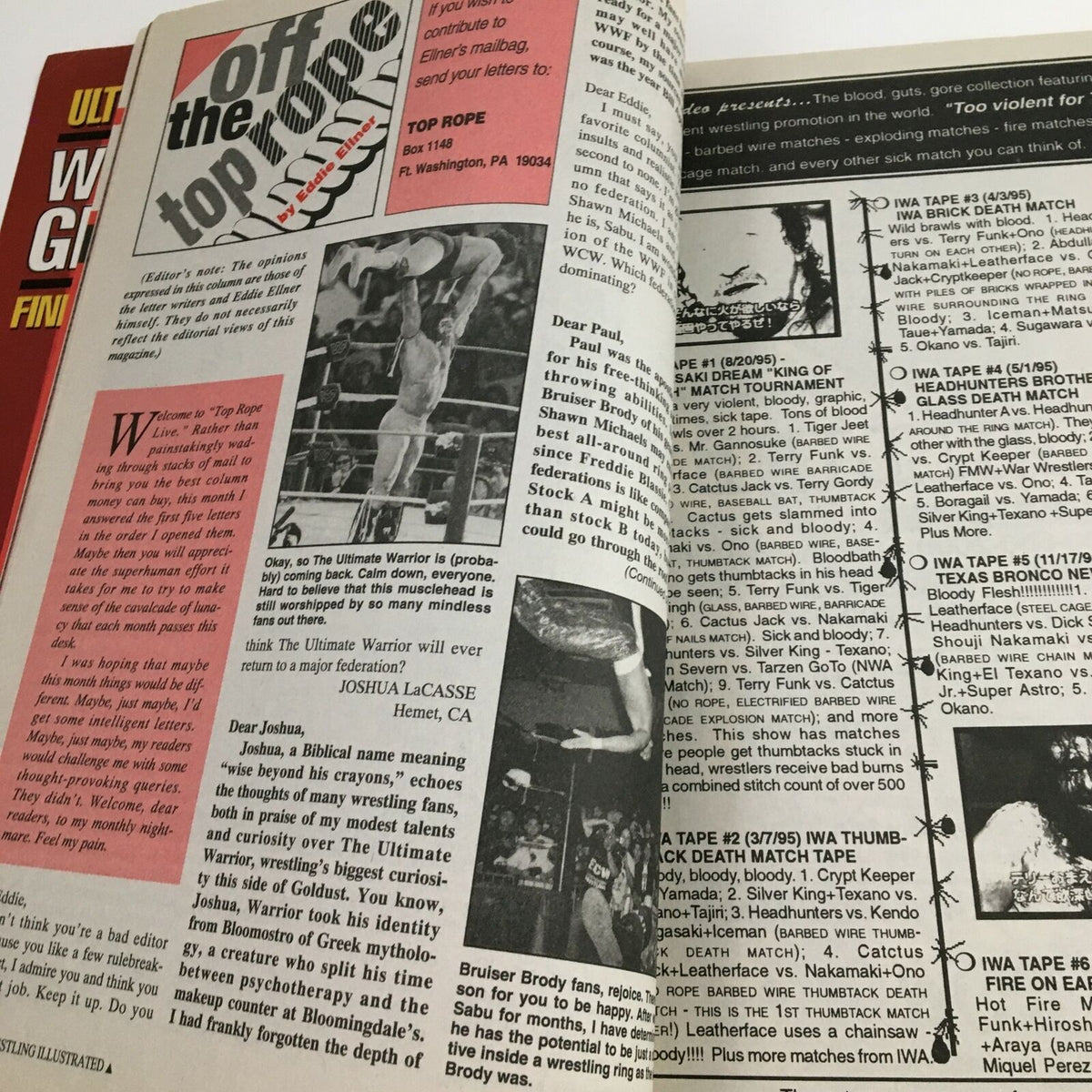 Inside page of Pro Wrestling Illustrated July 1996 showing reader letters section, highlighting discussions on wrestling legends including Shawn Michaels and the Ultimate Warrior.