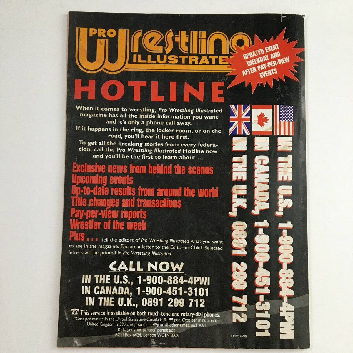 Back cover of Pro Wrestling Illustrated July 1996, promoting the magazine's hotline for wrestling news and updates, showcasing iconic branding.