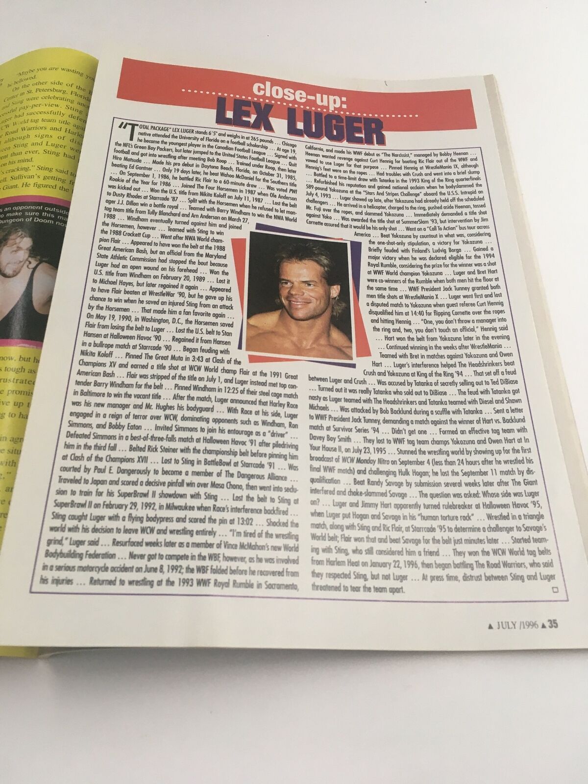 Page from Pro Wrestling Illustrated July 1996 featuring a close-up article on Lex Luger, highlighting his wrestling achievements and career details.