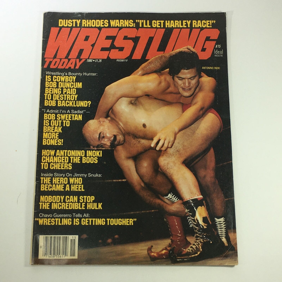 Cover of VTG Wrestling Today Magazine 1980 featuring Antonino Inoki and Bob Duncum in a wrestling pose, showcasing headlines about Bob Sweetan and other iconic wrestlers. Perfect for collectors and wrestling enthusiasts.
