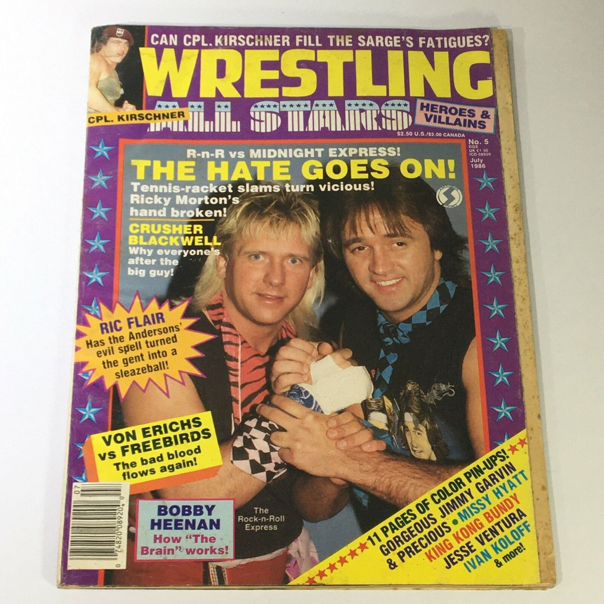 Cover of Wrestling All-Stars Magazine July 1986 #5 featuring prominent wrestlers Crusher Blackwell and Ric Flair, showcasing various article highlights and vibrant magazine design.