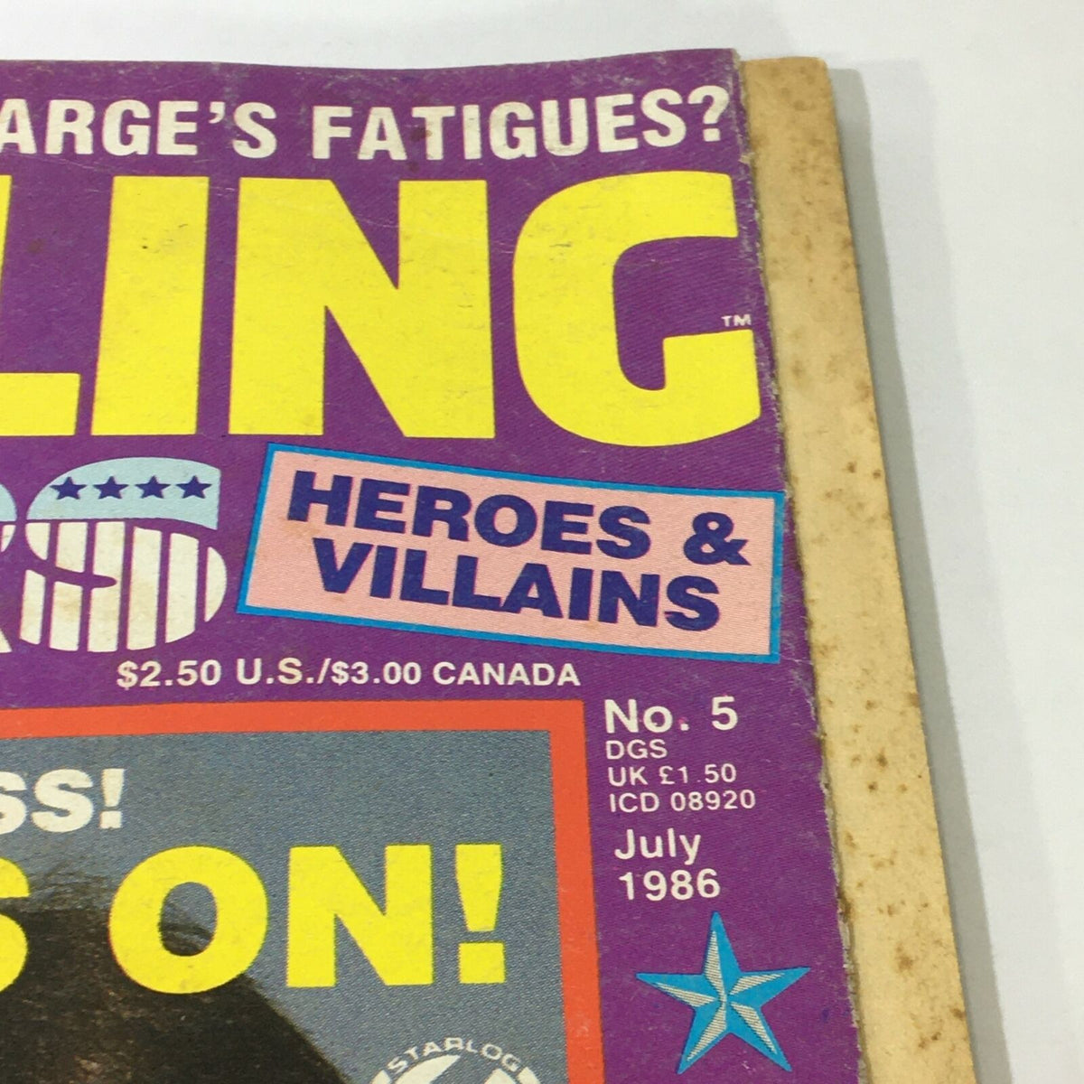 Cover of Wrestling All-Stars Magazine July 1986 #5 showcasing bright colors and bold text, featuring the phrase 'Heroes & Villains' and highlighting the issue number.