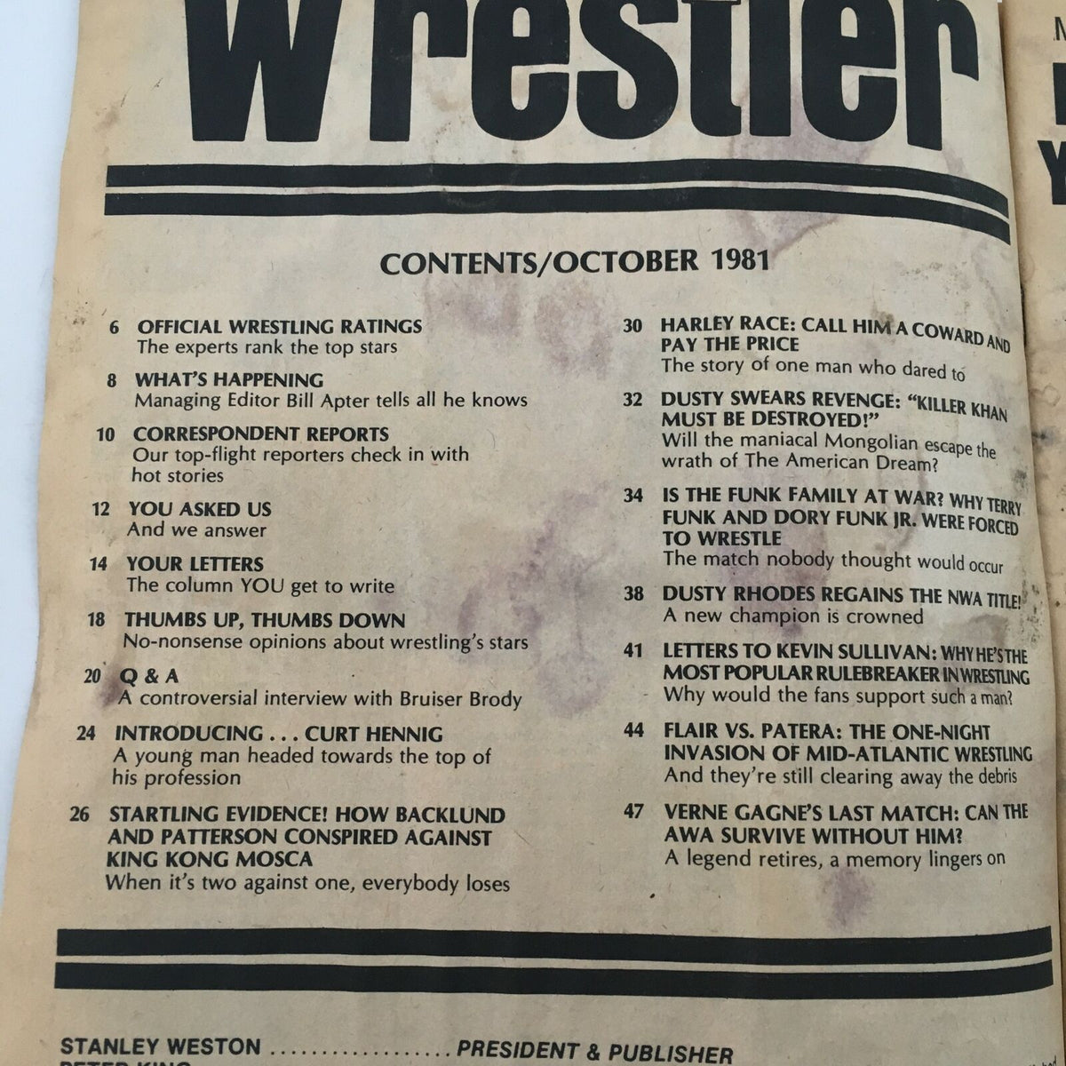 Inside contents page of The Wrestler Magazine October 1981, showcasing various articles related to wrestling, including Dusty Rhodes swearing revenge on Killer Khan and insights on wrestling ratings.