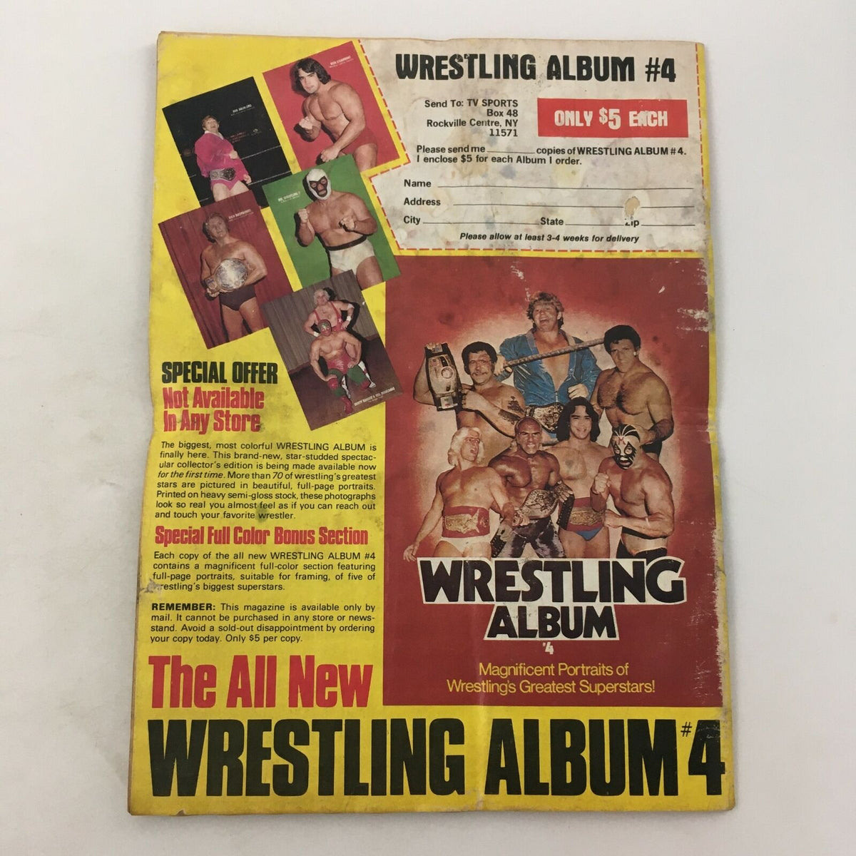 Back cover of The Wrestler Magazine October 1981 advertising Wrestling Album #4 with images of wrestling superstars and special offers. A vintage collectible for wrestling fans.