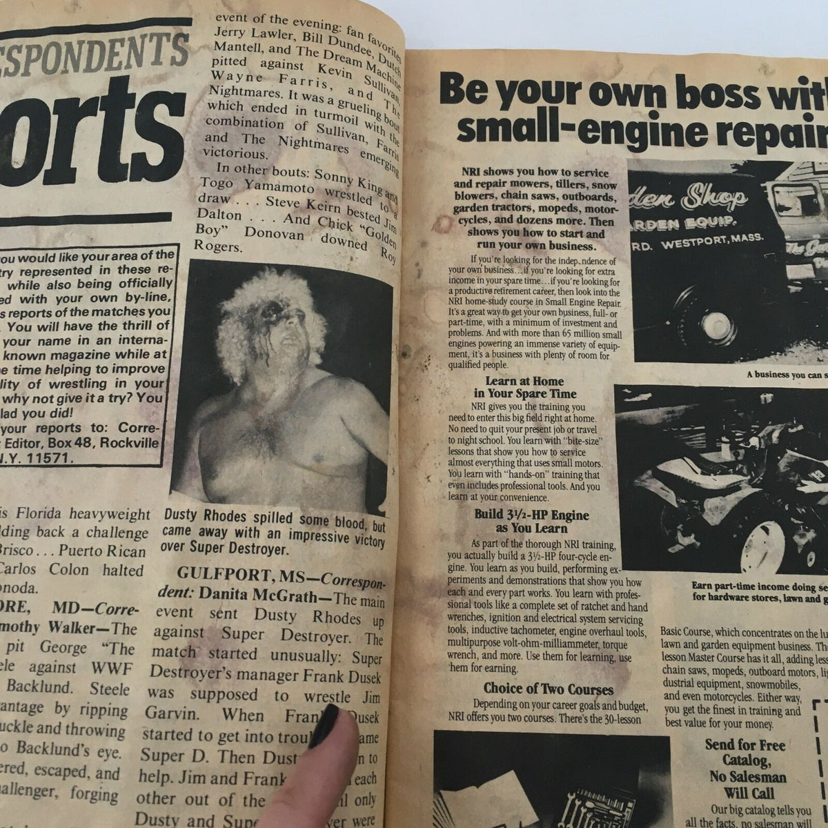 A page from The Wrestler Magazine October 1981 where Dusty Rhodes is featured, sharing a victory report over Super Destroyer, capturing the drama of wrestling narratives from the time.