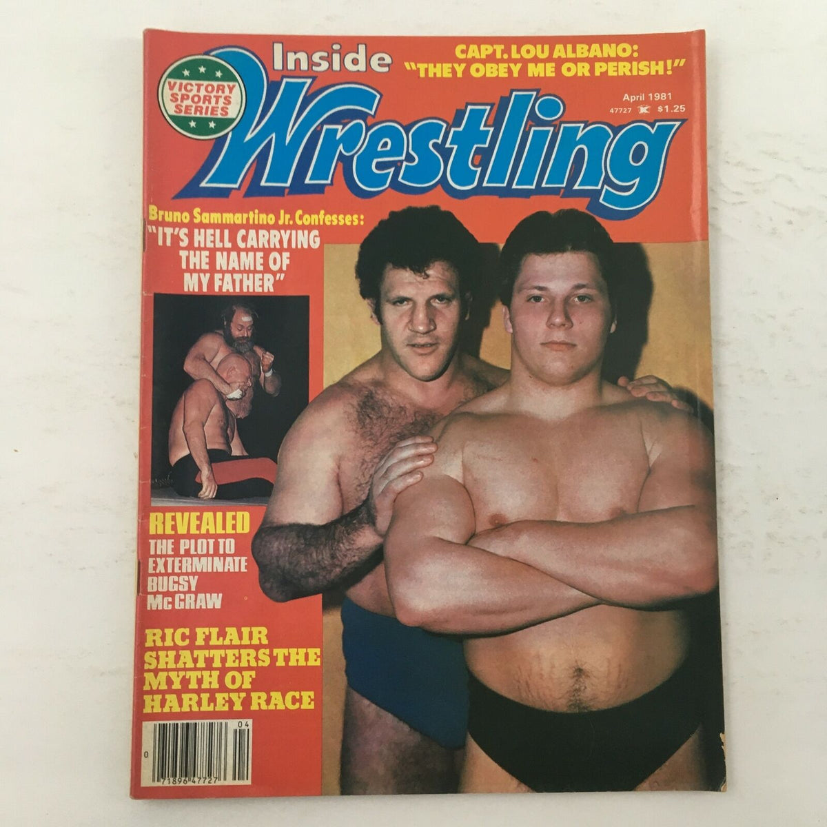 Cover of Inside Wrestling Magazine April 1981 featuring Bruno Sammartino Jr. and Ric Flair. Highlights include personal confessions, wrestling secrets, and interviews.