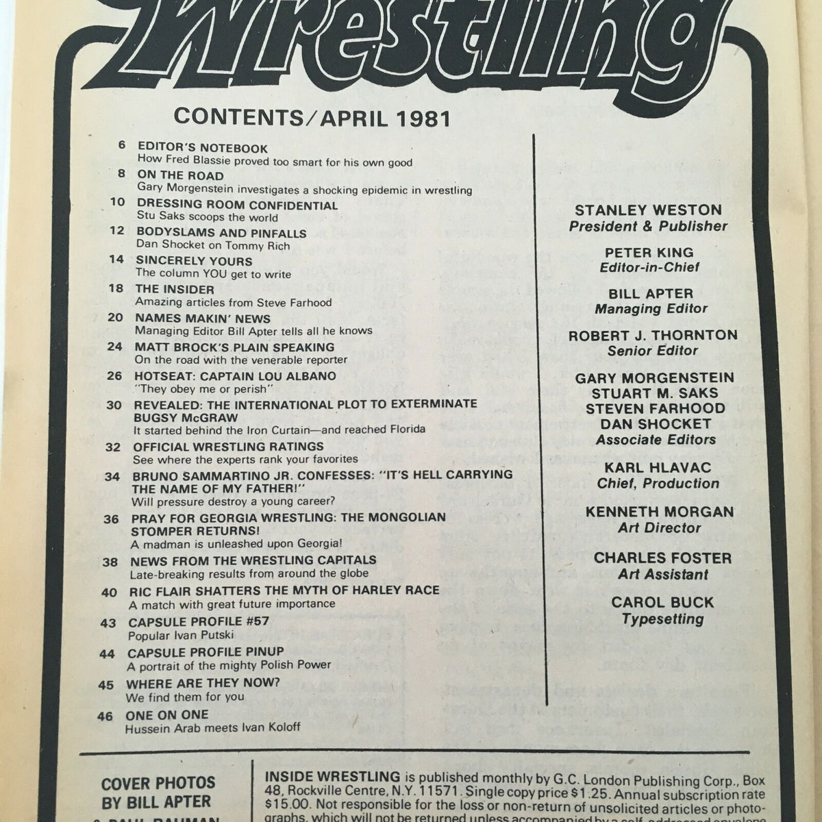 Inside page of Inside Wrestling Magazine April 1981 showing the table of contents, featuring articles and topics about wrestling legends.