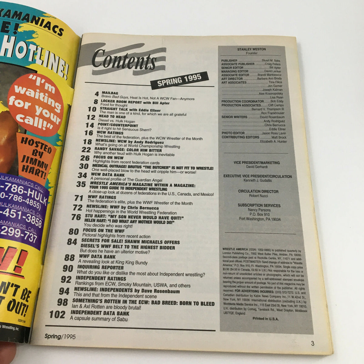 Contents page of Wrestle America Magazine Spring 1995, detailing articles and features about wrestling events and personalities, including a discussion on Randy Savage and Hulk Hogan.