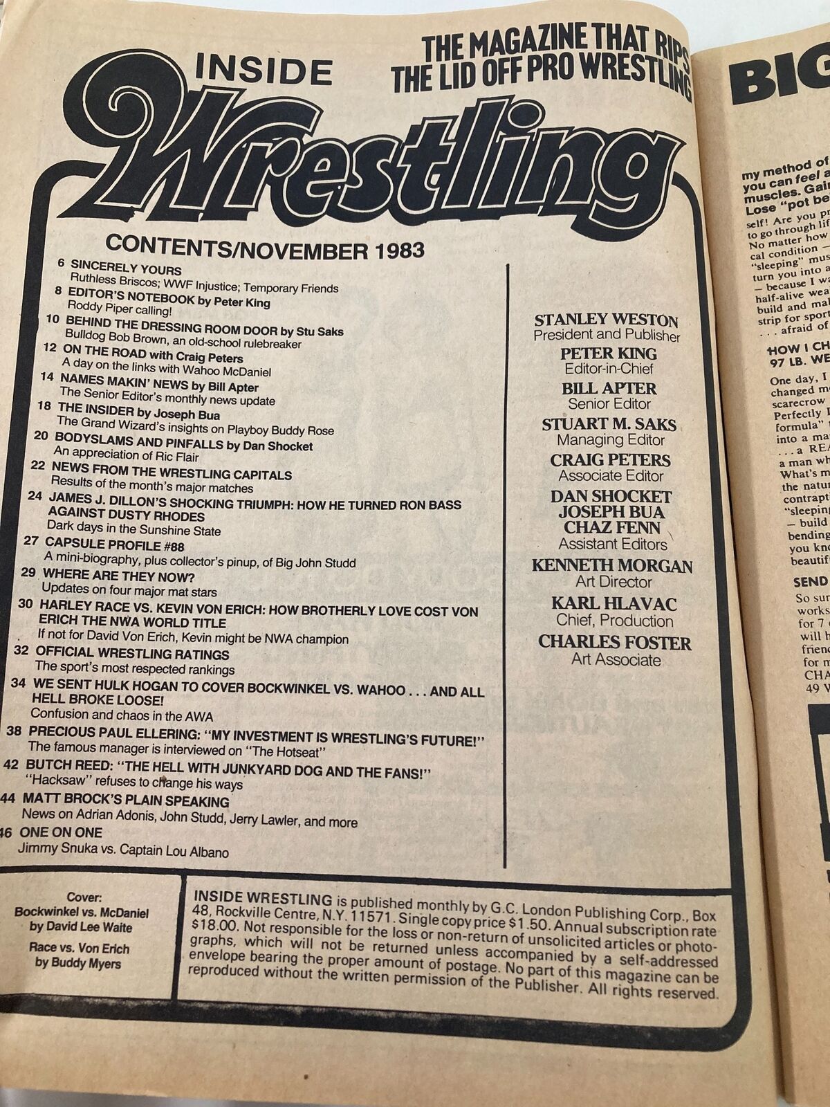 Contents page of VTG Inside Wrestling Magazine November 1983 detailing articles, including Harley Race vs Kevin Von Erich, and other wrestling features, highlighting the magazine's focus on professional wrestling history.