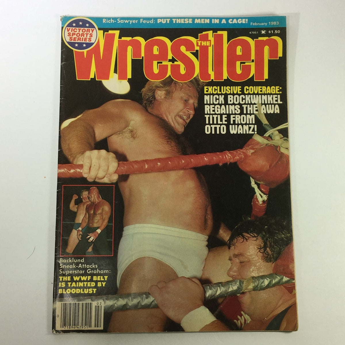 Cover of The Wrestler Magazine from February 1983, featuring an exclusive coverage of Nick Bockwinkel regaining the AWA title from Otto Wanz, highlighting vintage wrestling moments.