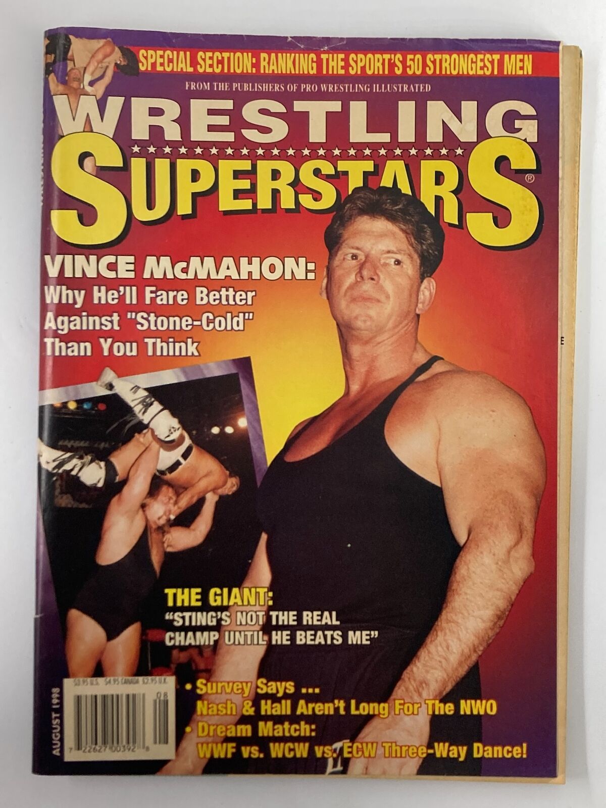 Wrestling Superstars Magazine August 1998 cover featuring Vince McMahon and The Giant, highlighting articles on wrestling history and iconic matches.