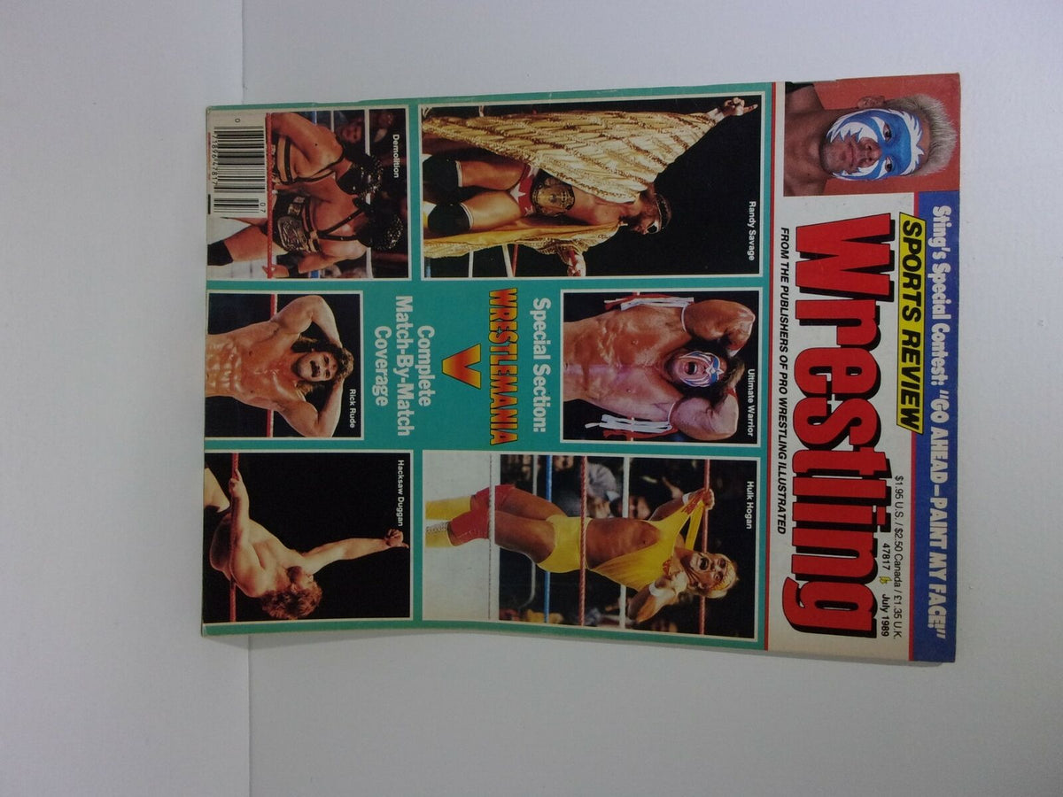 Back cover of Sports Preview Wrestling July 1989 magazine with images of wrestling champions and promotional details, emphasizing WrestleMania V.