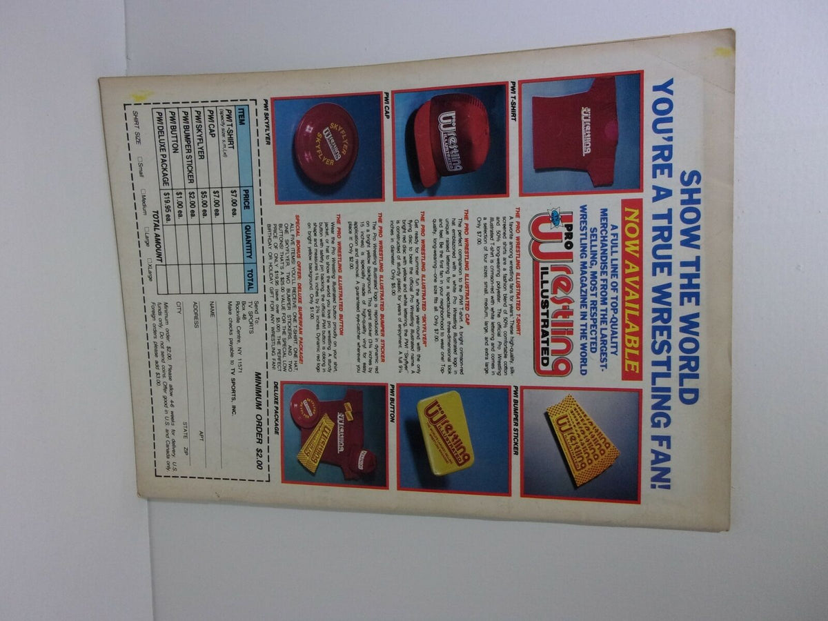 Promotional page from Sports Preview Wrestling July 1989 magazine featuring merchandise and fan gear for wrestling enthusiasts.