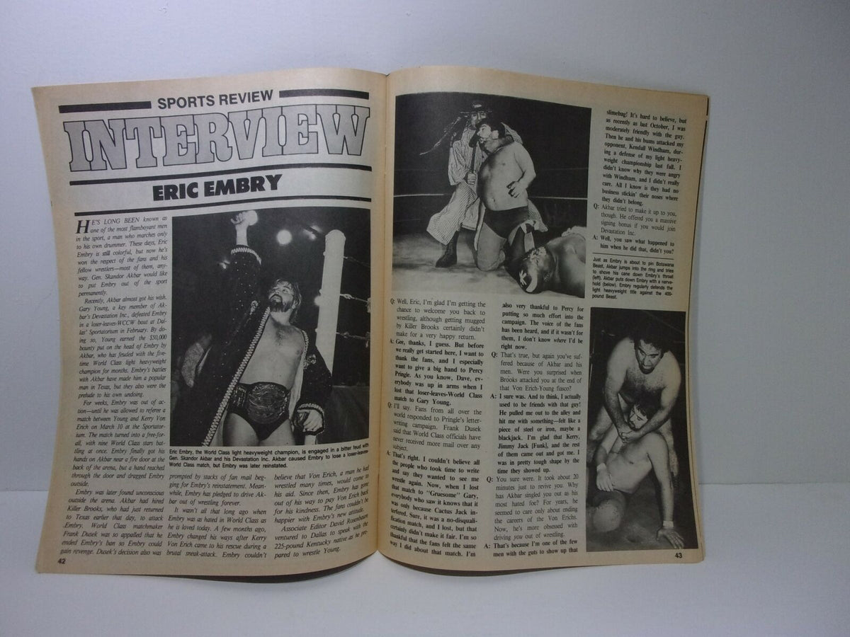 Sports Preview Wrestling July 1989 magazine spread featuring an interview with Eric Embry, showcasing wrestling action and insights from the featured athletes.